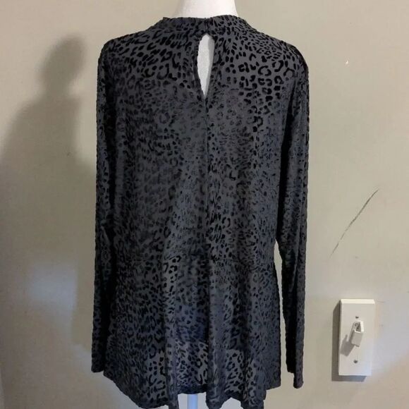 Lane Bryant 22/24 Black Leopard Print Mock Neck Sheer Mesh Long Sleeve Blouse - Picture 8 of 13